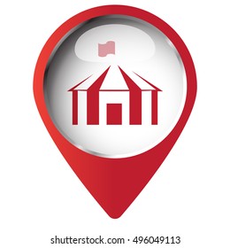 Map pin symbol with Party Tent icon. Red symbol on white background.