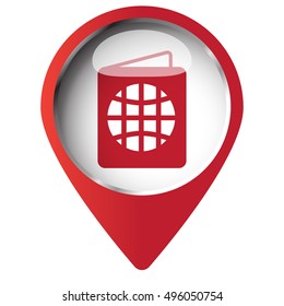 Map pin symbol with Passport icon. Red symbol on white background.