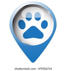 Map pin symbol with Paw Print icon. Blue symbol on white background.