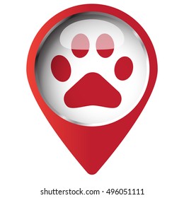 Map pin symbol with Paw Print icon. Red symbol on white background.