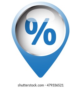 Map pin symbol with Percentage icon. Blue symbol on white background.