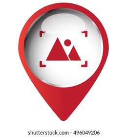 Map pin symbol with Picture icon. Red symbol on white background.