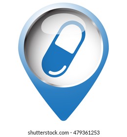 Map pin symbol with Pill icon. Blue symbol on white background.