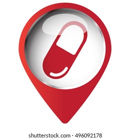 Map pin symbol with Pill icon. Red symbol on white background.