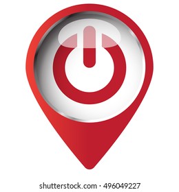 Map pin symbol with Power icon. Red symbol on white background.