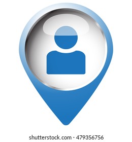 Map pin symbol with Profile icon. Blue symbol on white background.