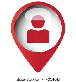 Map pin symbol with Profile icon. Red symbol on white background.