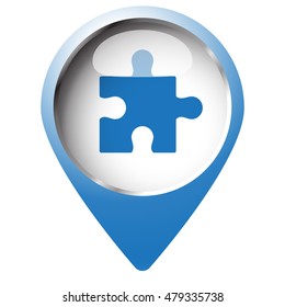 Map pin symbol with Puzzle icon. Blue symbol on white background.
