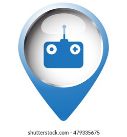 Map pin symbol with Radio Control icon. Blue symbol on white background.