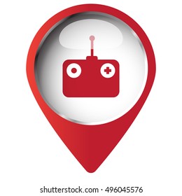 Map pin symbol with Radio Control icon. Red symbol on white background.