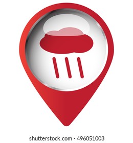 Map pin symbol with Rain icon. Red symbol on white background.