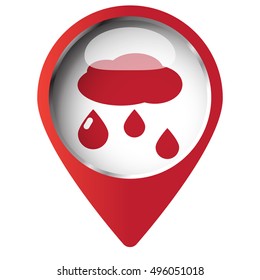 Map pin symbol with Rain icon. Red symbol on white background.