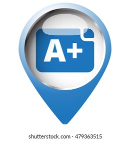 Map pin symbol with Rating icon. Blue symbol on white background.