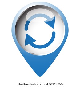 Map pin symbol with Refresh icon. Blue symbol on white background.