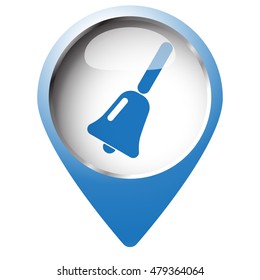 Map pin symbol with School Bell icon. Blue symbol on white background.