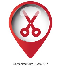 Map pin symbol with Scissors icon. Red symbol on white background.