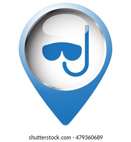 Map pin symbol with Scuba Diving icon. Blue symbol on white background.