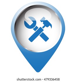 Map pin symbol with Service icon. Blue symbol on white background.