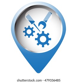 Map pin symbol with Service icon. Blue symbol on white background.