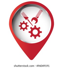 Map pin symbol with Service icon. Red symbol on white background.