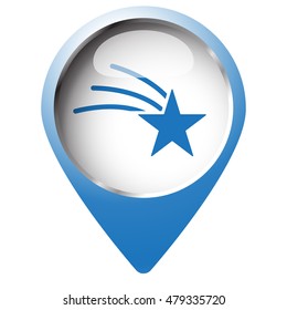 Map pin symbol with Shooting Star icon. Blue symbol on white background.