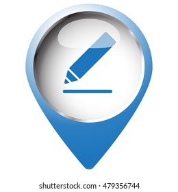Map pin symbol with Sign Here icon. Blue symbol on white background.