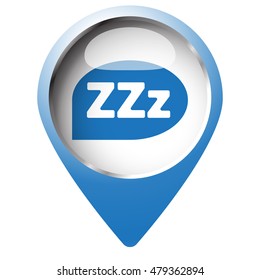 Map pin symbol with Sleep icon. Blue symbol on white background.
