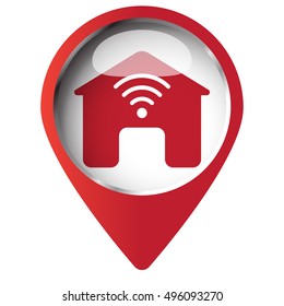 Map pin symbol with Smart Home icon. Red symbol on white background.