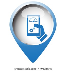 Map pin symbol with Smartphone Test icon. Blue symbol on white background.