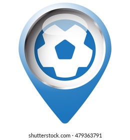 Map pin symbol with Soccer Ball icon. Blue symbol on white background.