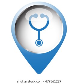 Map pin symbol with Stethoscope icon. Blue symbol on white background.