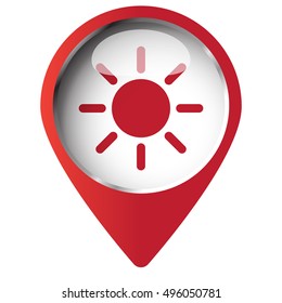 Map pin symbol with Sun icon. Red symbol on white background.