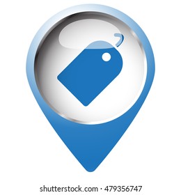 Map pin symbol with Tag icon. Blue symbol on white background.