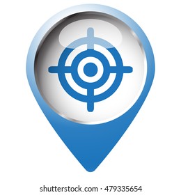 Map pin symbol with Target icon. Blue symbol on white background.