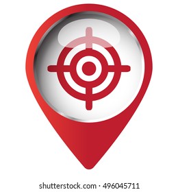 Map pin symbol with Target icon. Red symbol on white background.
