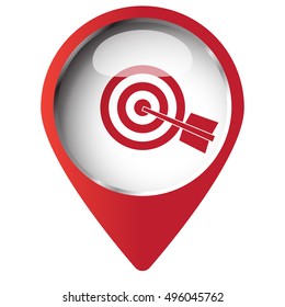Map pin symbol with Target icon. Red symbol on white background.