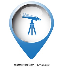 Map pin symbol with Telescope icon. Blue symbol on white background.