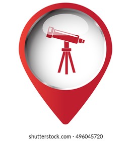 Map pin symbol with Telescope icon. Red symbol on white background.