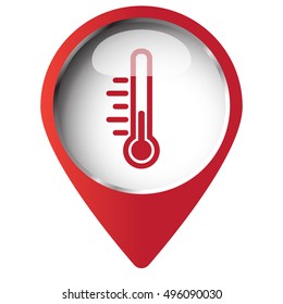 Map pin symbol with Temperature icon. Red symbol on white background.