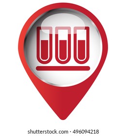 Map pin symbol with Test Tube icon. Red symbol on white background.