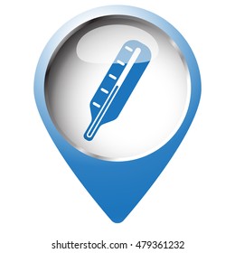 Map pin symbol with Thermometer icon. Blue symbol on white background.