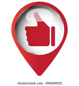 Map pin symbol with Thumb Up icon. Red symbol on white background.