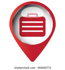 Map pin symbol with Travel Case icon. Red symbol on white background.