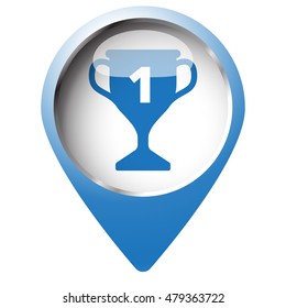 Map pin symbol with Trophy icon. Blue symbol on white background.