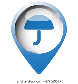 Map pin symbol with Umbrella icon. Blue symbol on white background.