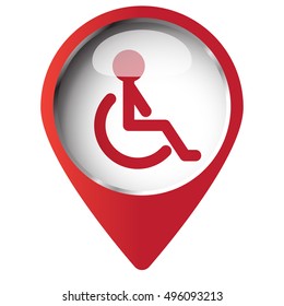 Map pin symbol with Wheel Chair icon. Red symbol on white background.