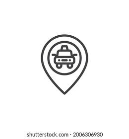 Asignar pin con el icono de la línea de taxi. signo de estilo lineal para concepto móvil y diseño web. Icono del vector de contorno de la posición del taxi. Símbolo, ilustración del logotipo. Gráficos vectoriales