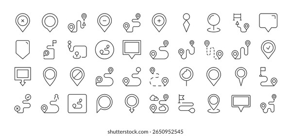 Conjunto de ícones de linha fina do pino do mapa. Outline Signs para Gráficos e Web Design, Apps, Anúncios, Vários Cartões 