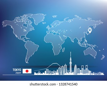 Map pin with Tokyo Skyline - vector illustration