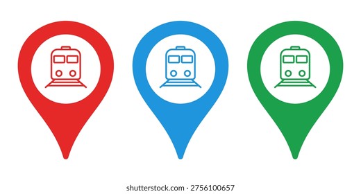 Map pin and train. Vector flat icon isolated on white background.
